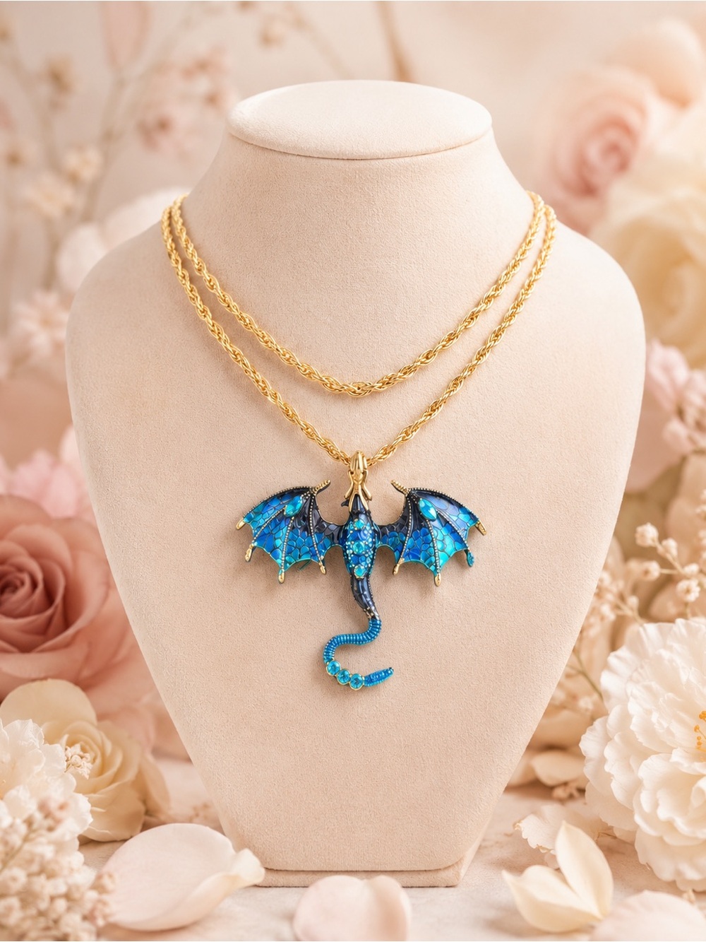 Gold Chain Necklace with Blue Dragon Pendant - Picture 4 of 5